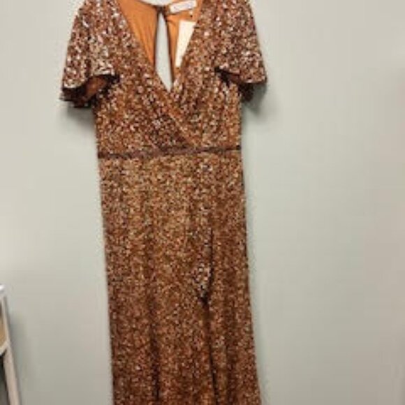 Mac Duggal Sequines Wrap Over Butterfly Sleeve Draped Gown-Copper - Picture 1 of 14
